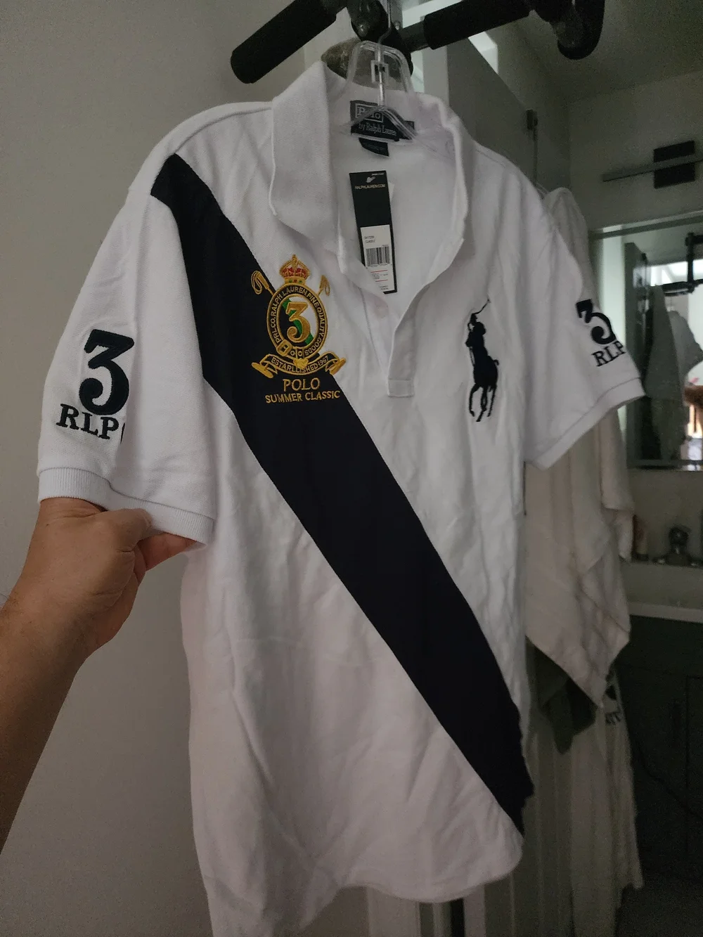 Ralph Lauren White Polo with Navy Diagonal Stripe and Embroidered Crest. S-M